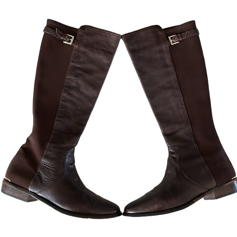 Coach Lilac Tall Boots Brown Leather Fabric Stretch Panel Size 10 Buckle Classy - Picture 2 of 16